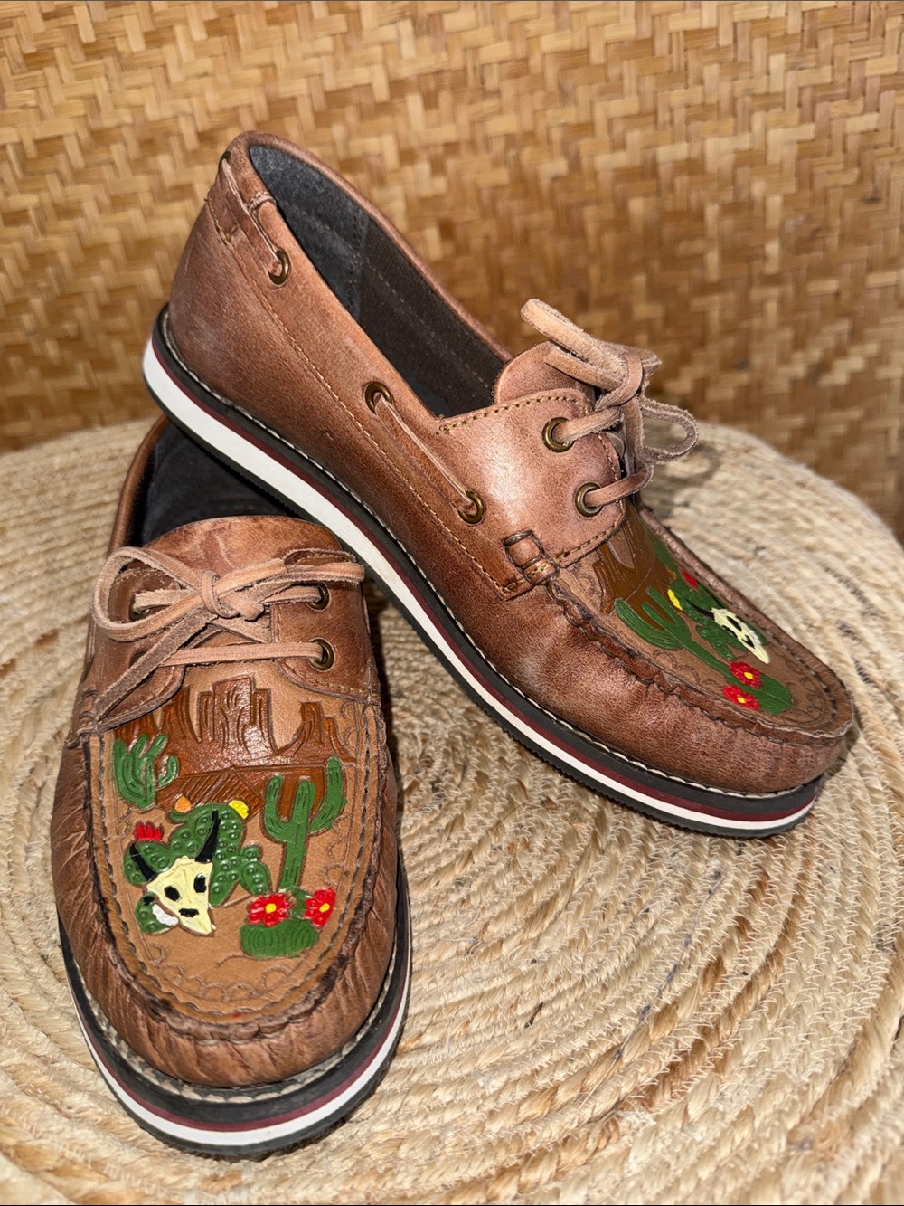 Roper Desert Cactus Leather Loafers Hand Painted Size 7 Western Southwestern